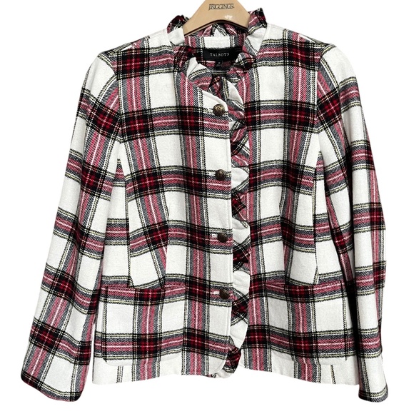 Talbots Red Plaid Wool Blend Ruffle Trim Peplum Back Blazer Jacket Size 14 EUC - Picture 2 of 13